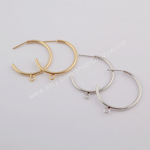 50Pcs Simple Crescent Gold/Silver Plated Brass DIY Stud Earrings Finding With Loop Circle Round Charm Fashion Making Jewelry Tool PJ380