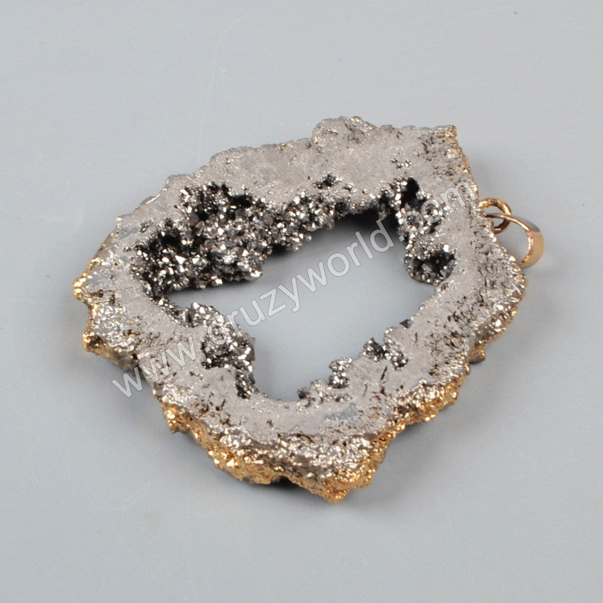 Gold Plated Freeform Titanium Druzy Geode Crystal Quartz Slice Pendant Bead G1092