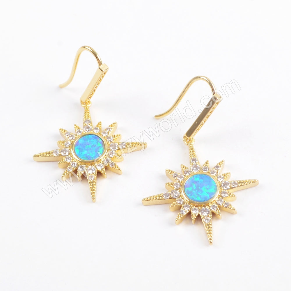 Star Gold Plated CZ Micro Pave Blue Opal Druzy Dangle Earrings ZG0391