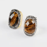 Rhinestone Pave Natural Tiger's Eye Gold Band Ring JAB949