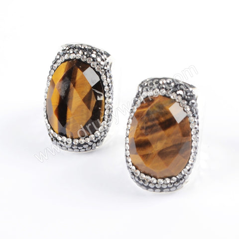 Rhinestone Pave Natural Tiger's Eye Gold Band Ring JAB949