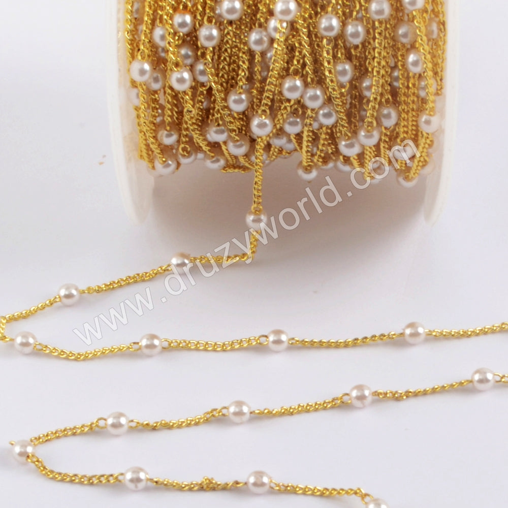 Natural Pearl Rosary Chains In Gold Plated, Beads Chain For Jewelry Necklace Making JT270
