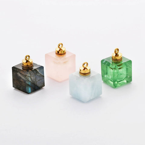 Gold Plated Square Green Fluorite Aquamarine Crystal Gemstone Perfume Bottle Charm Pendant G2080