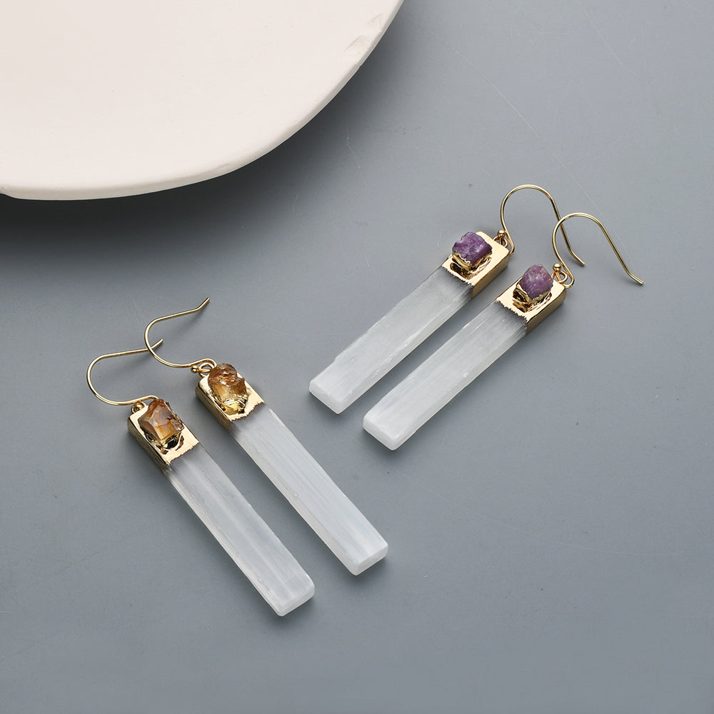 Gold Plated Rectangle Natural Selenite Crystal Earrings, Pave Raw Gemstone Chips, Healing Jewelry, Boho Earrings G2091 Citrine Ruby Earrings