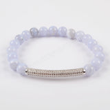 CZ Tube Bar With 8mm Gemstone Beads Bracelet Silver Plated S1475