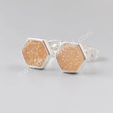 Silver Plated Bezel Hexagon Rainbow Natural Titanium Druzy Stud Earrings ZS0275