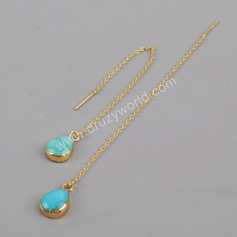 Gold Plated Teardrop Natural Turquoise Threader Earrings, Long Dangle Earring G1345