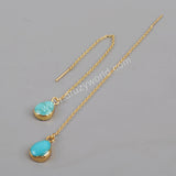 Teardrop Natural Turquoise Threader Earrings Gold Plated, Gemstone Dangle Earring G1345