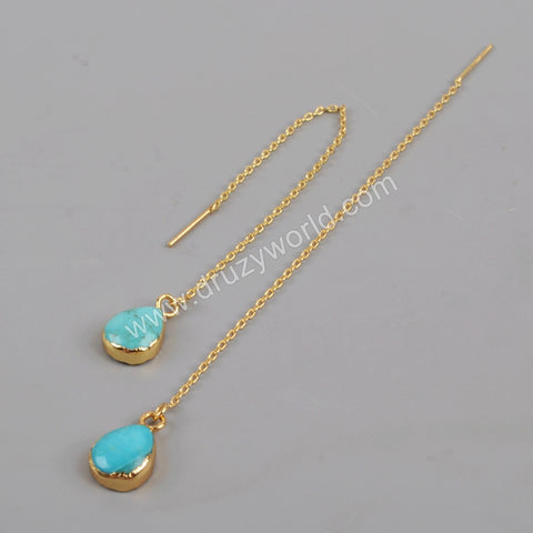 Teardrop Natural Turquoise Threader Earrings Gold Plated, Gemstone Dangle Earring G1345