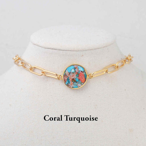 14" Natural Stone Gold Chain Choker Necklace: Red Coral Turquoise Rhodonite Necklace HD0353
