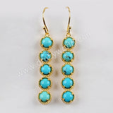 Gold Plated Bezel Round Natural Turquoise Bar Earrings, Aqua Gemstone Drop Earrings ZG0336