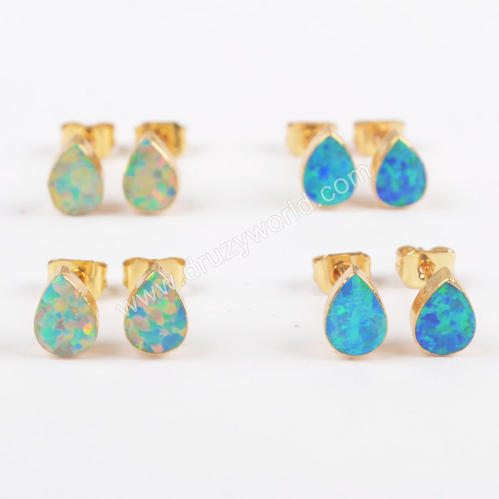 Teardrop Blue Opal Studs Earring Gold Plated Jewelry G1418