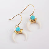 Boho Horn Gold Plated Natural White Shell & Round Turquoise Moon Earrings G1835