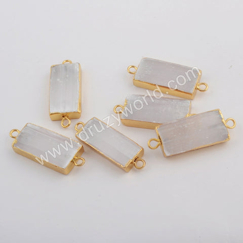 Rectangle Gold Plated Natural Selenite Stone Connector G1764