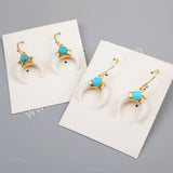 Boho Horn Gold Plated Natural White Shell & Round Turquoise Moon Earrings G1835