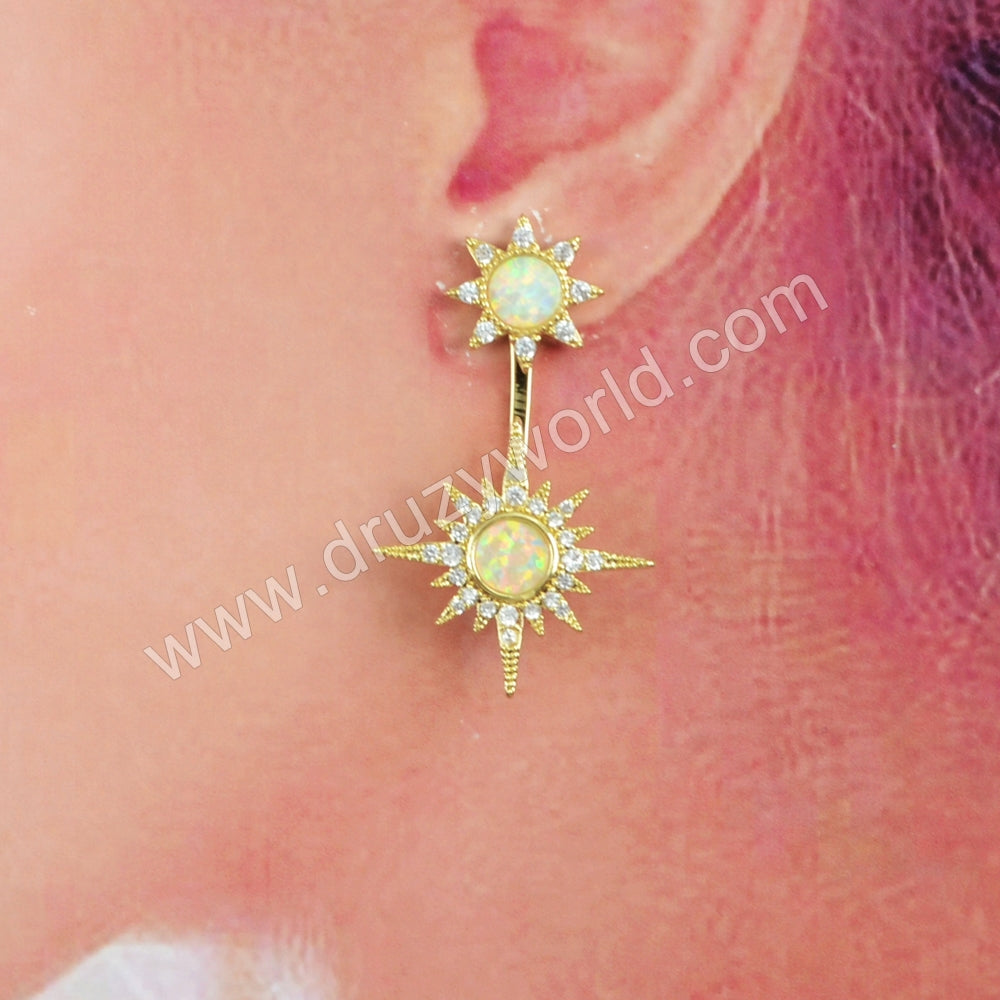 Double Sun Star Gold Plated CZ Micro Pave White Opal Studs Earring ZG0392