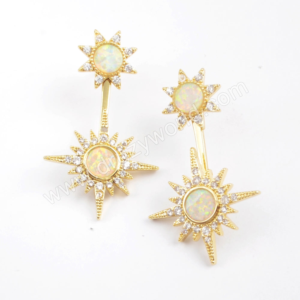 Double Sun Star Gold Plated CZ Micro Pave White Opal Studs Earring ZG0392