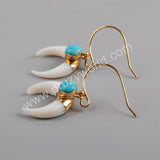 Boho Horn Gold Plated Natural White Shell & Round Turquoise Moon Earrings G1835