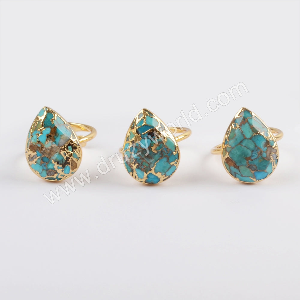 Teardrop Gold Plated Natural Copper Turquoise Ring, Adjustable Open Ring, Gemstone Jewelry G1836