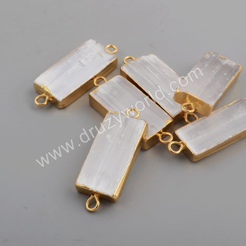 Rectangle Gold Plated Natural Selenite Stone Connector G1764