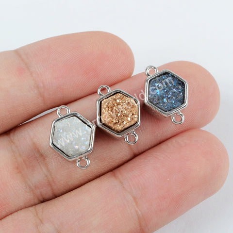 Bezel Natural Agate Titanium Rainbow Druzy Connector Silver Plated ZS0138