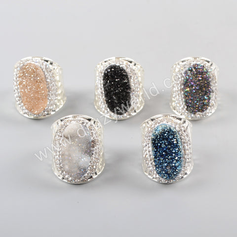 Silver Plated Rhinestone Pave Druzy Agate Ring JAB951