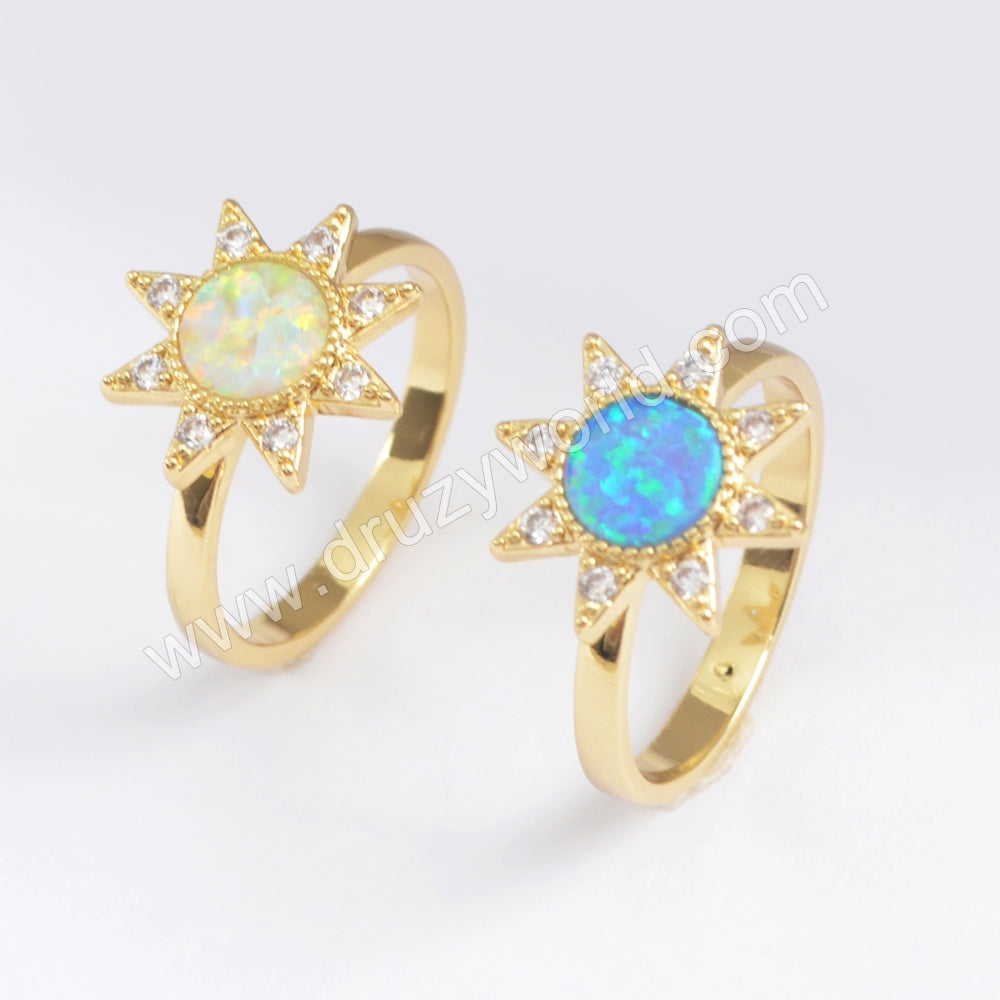 Star Gold Plated CZ Micro Pave Blue White Opal Ring ZG0393