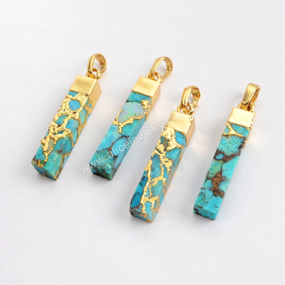 Rectangle Gold Plated Copper Turquoise Cuboid Pendant, Natural Real Turquoise, Gemstone Bar Pendant G1531