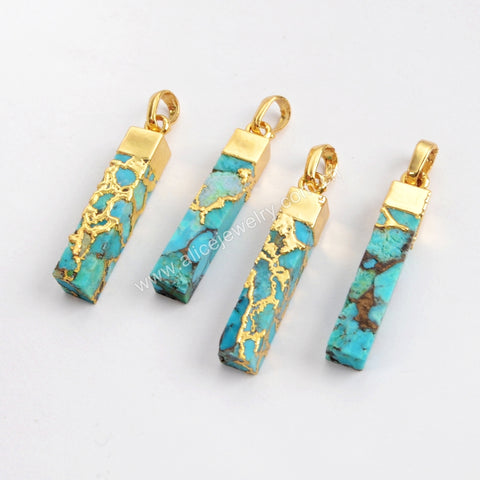 Rectangle Gold Plated Natural Copper Turquoise Gemstone Bar Pendant G1531