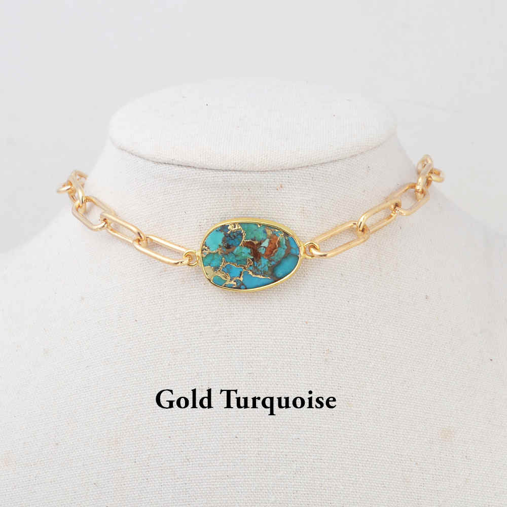 Natural Stone White Quartz Turquoise Chain Choker Necklace HD0352