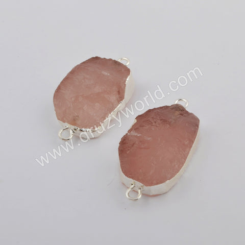 Natural Rose Quartz Gemstone Connector Jewelry Making Silver Plated S1746