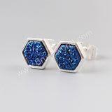 Silver Plated Bezel Hexagon Rainbow Natural Titanium Druzy Stud Earrings ZS0275