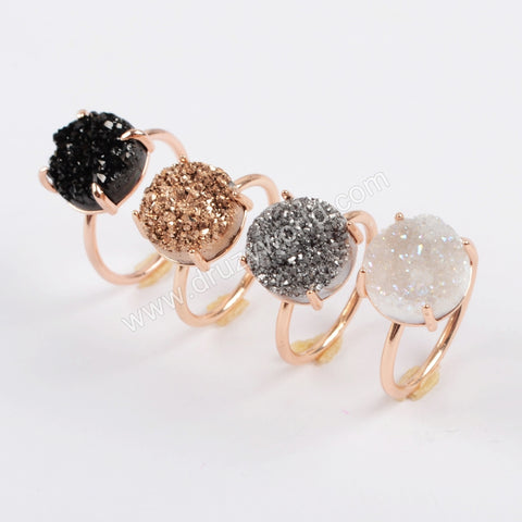 Rose Gold Plated Claw Natural Titanium Druzy Ring, 12mm Round Drusy Geode Jewelry ZG0131