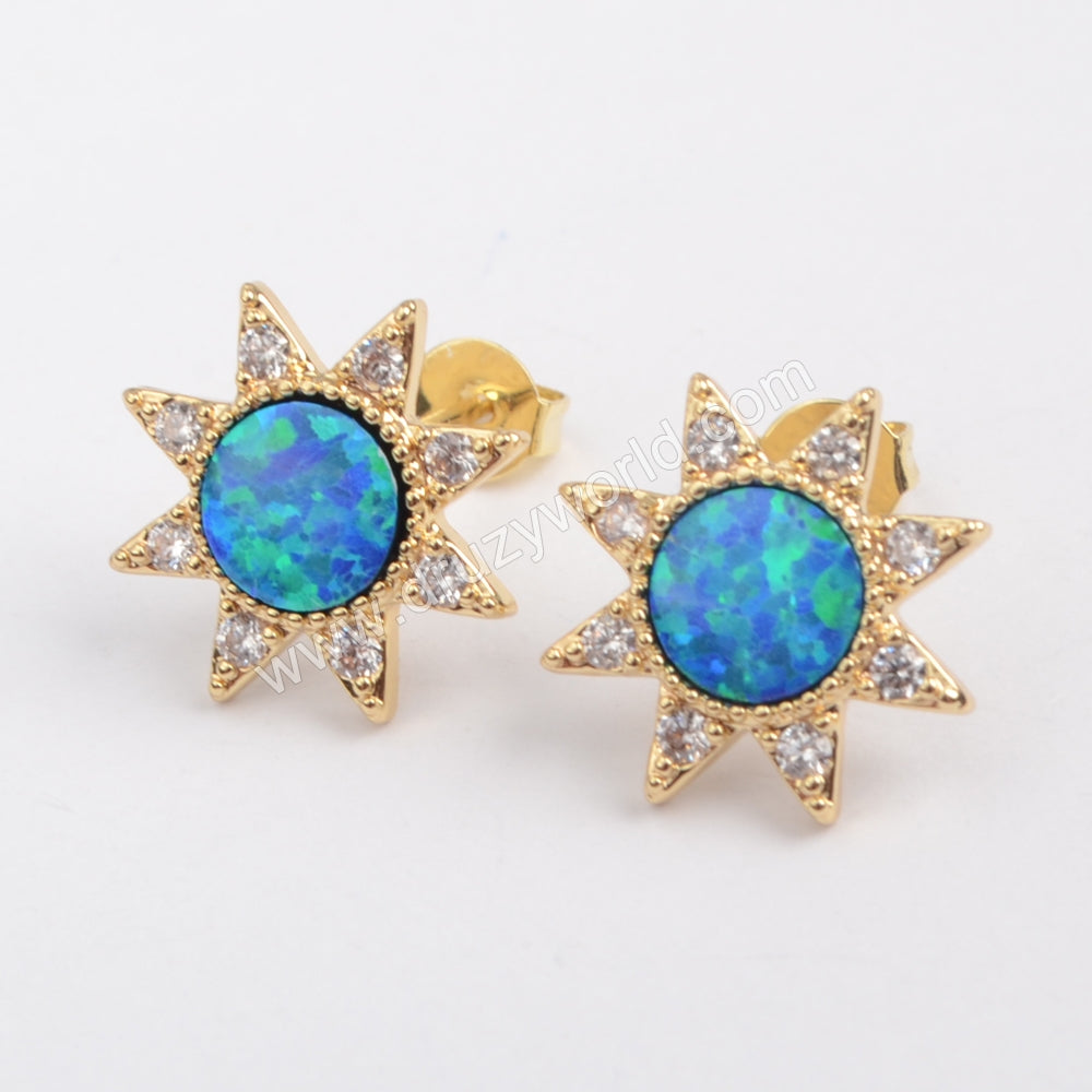 Gold Plated Bezel Blue Opal CZ Moon Star Stud Earrings ZG0217