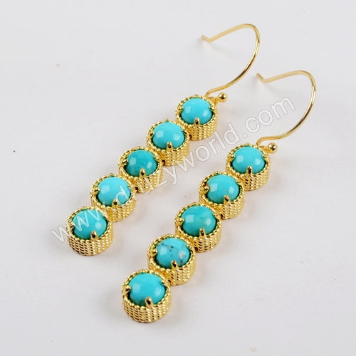 Gold Plated Bezel Round Natural Turquoise Bar Earrings, Aqua Gemstone Drop Earrings ZG0336