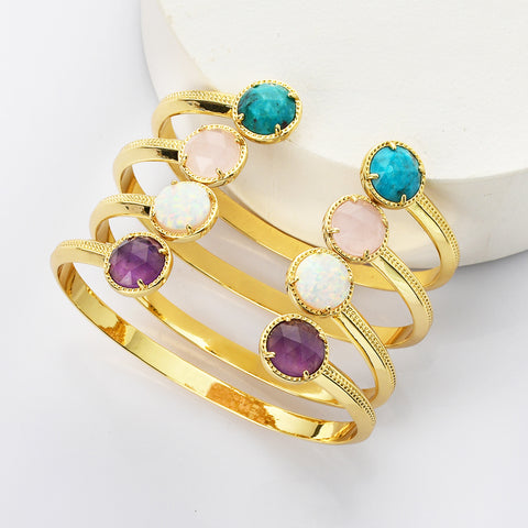 Gold Claw Round Faceted Rainbow Gemstone Bangle Bracelet , Healing Birthstone Cuff Jewelry ZG0495