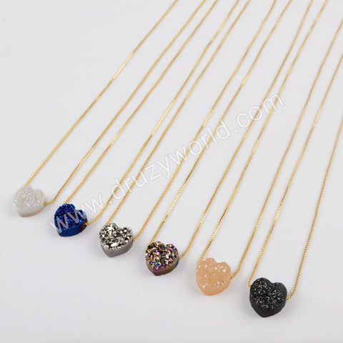 Rainbow Heart Shape Titanium Raw Druzy Adjustable Necklace Gift For Her G1889