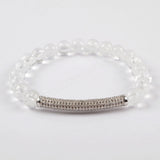 CZ Tube Bar With 8mm Gemstone Beads Bracelet Silver Plated S1475