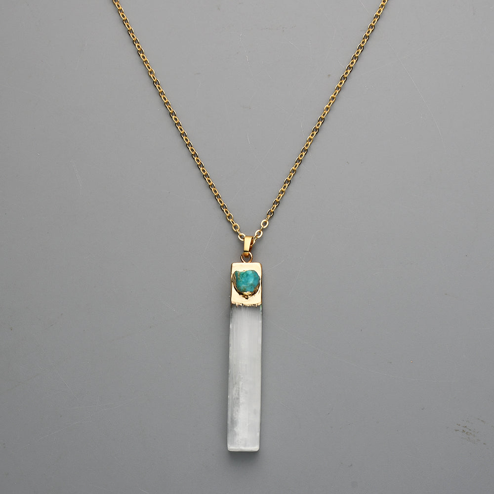 Gold Plated Natural Selenite Bar Pendant/Necklace, Pave Raw Gemstone Chips, Healing Crystal Stone Pendant, Boho Jewelry G2090