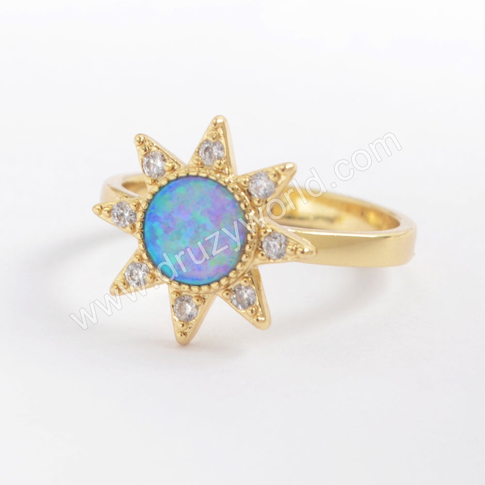Star Gold Plated CZ Micro Pave Blue White Opal Ring ZG0393