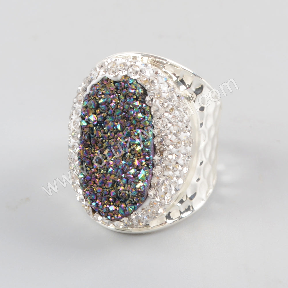 Silver Plated Rhinestone Pave Druzy Agate Ring JAB951