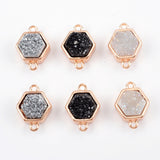 Hexagon Rose Gold Plated Bezel Natural Agate Titanium Rainbow Druzy Connector Double Bails ZR0138