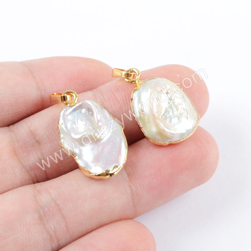 Gold Plated Freeform Natural White Pearl Pendant G1673