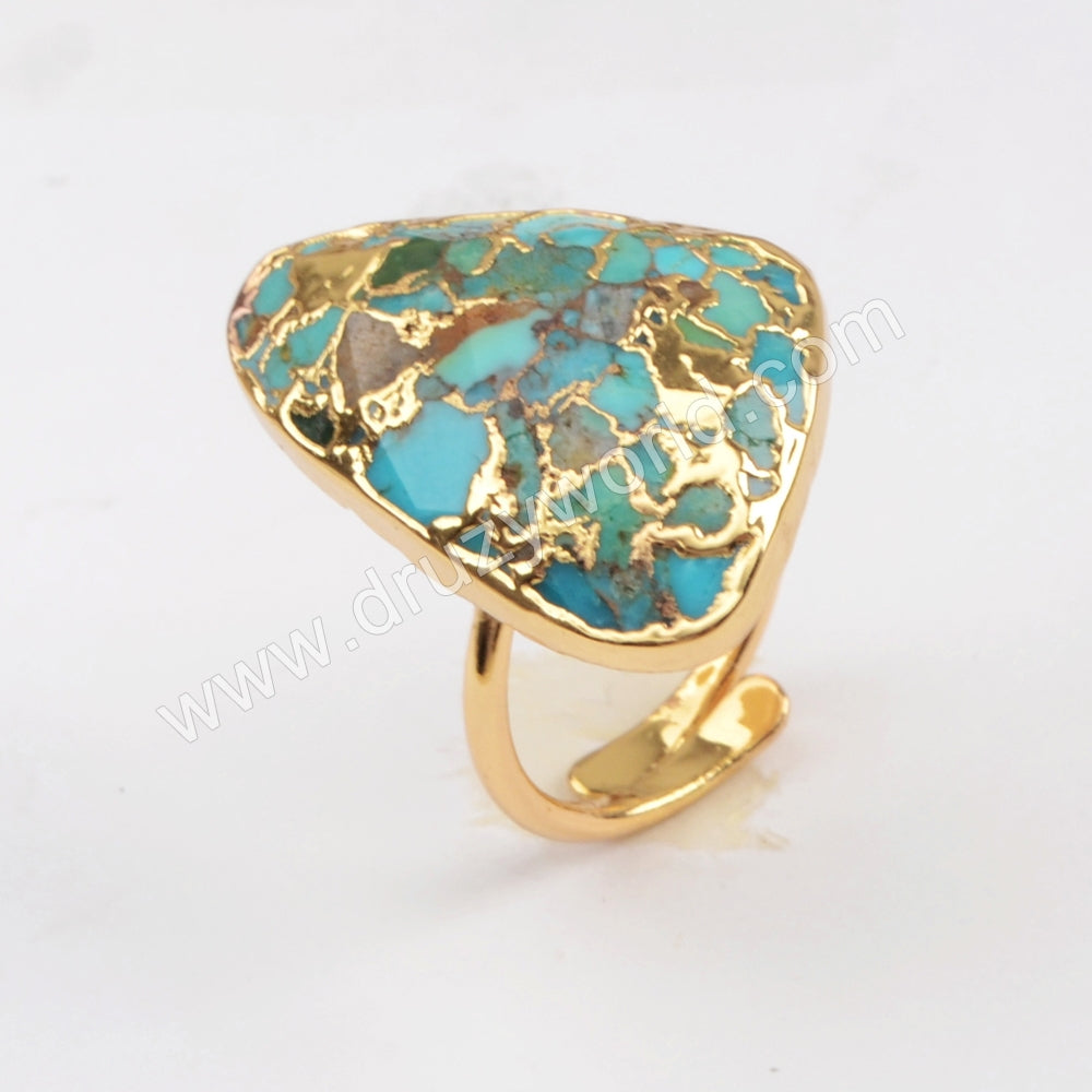 Gold Plated Triangle Copper Turquoise Gemstone Ring Adjustable Jewelry G1837