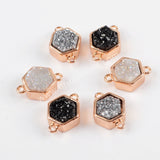 Hexagon Rose Gold Plated Bezel Natural Agate Titanium Rainbow Druzy Connector Double Bails ZR0138