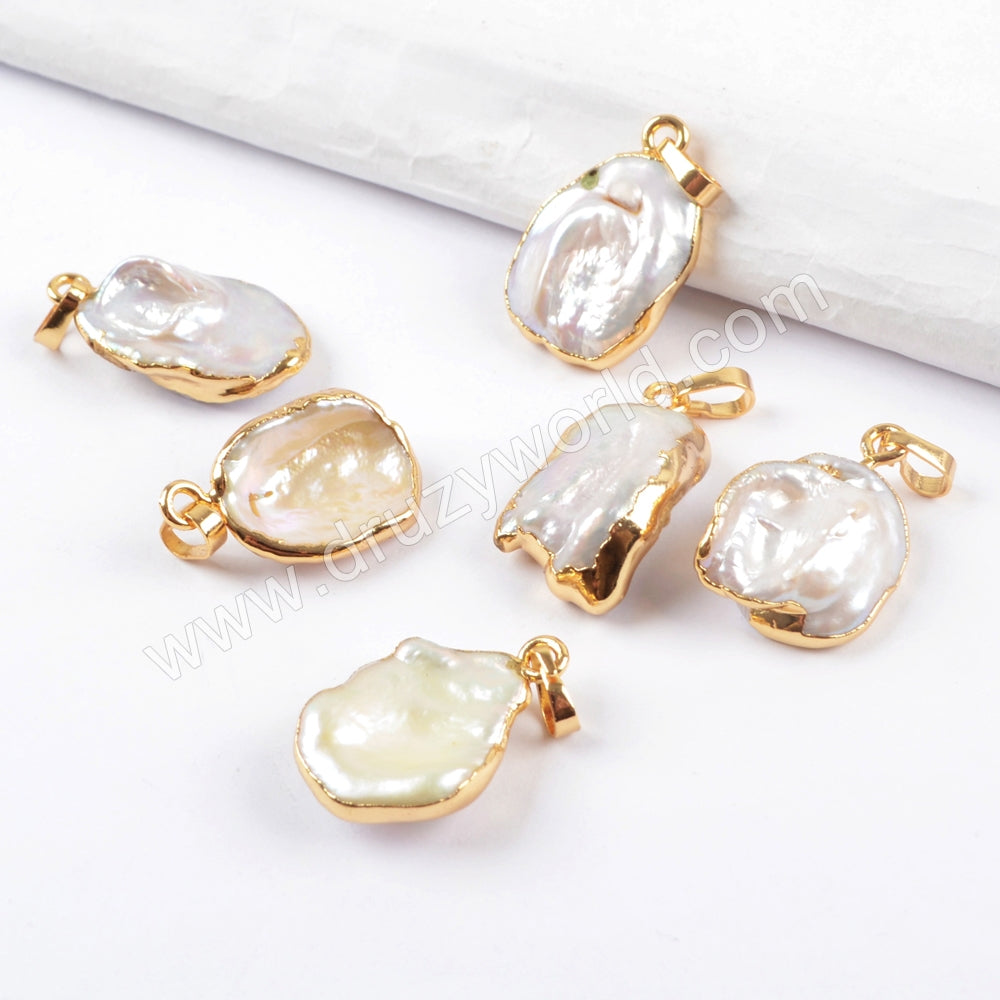 Gold Plated Freeform Natural White Pearl Pendant G1673