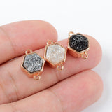 Hexagon Rose Gold Plated Bezel Natural Agate Titanium Rainbow Druzy Connector Double Bails ZR0138