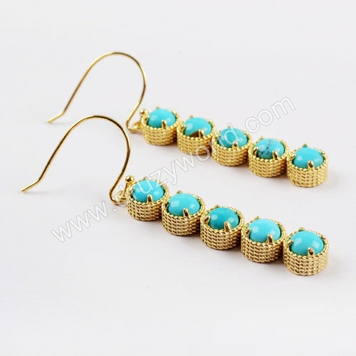 Gold Plated Bezel Round Natural Turquoise Bar Earrings, Aqua Gemstone Drop Earrings ZG0336