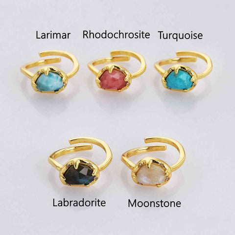 Adjustable Gold Plated Claw Bezel Gemstone Open Ring Natural Faceted Crystal Stone Rings ZG0477