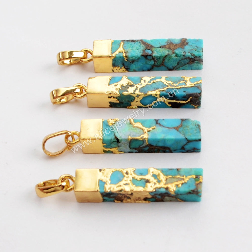Rectangle Gold Plated Copper Turquoise Cuboid Pendant, Natural Real Turquoise, Gemstone Bar Pendant G1531
